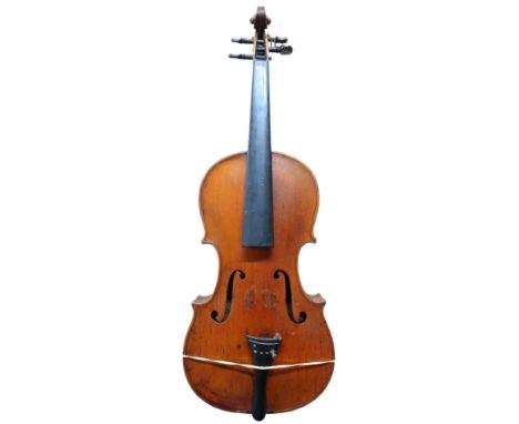 Two piece back violin with internal dealers label John H Shearer, Huntley. Length of back 36cm. Comes with Primavera bow and 