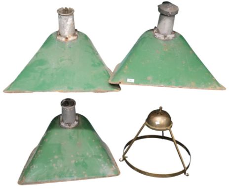 A lot of three early 20th century green enamelled industrial light shades, 40cm high x 64cm wide x 55cm deep and a brass hang
