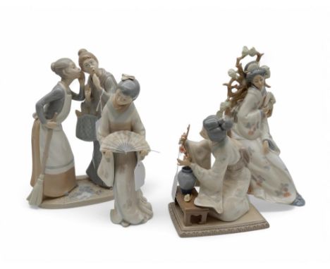 A group of Lladro and Nao figures of Geishas and another figure of gossiping ladies Condition Report:Available upon request