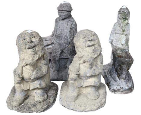 A lot of assorted garden statues consisting elderly gentleman seated on bench, pair of seated gnomes and a gnome pushing a wh