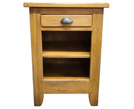 A contemporary blonde oak single drawer bedside table with open shelf on tapering supports, 73cm high x 51cm wide x 41cm deep