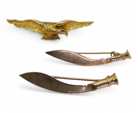 A 15ct gold RAF sweetheart brooch, together with two 15ct Gurkha kukri examples, weight together 17g (3) Condition Report:Ava