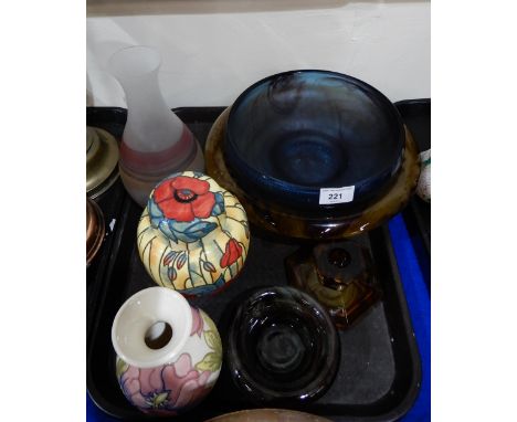A Davidson blue glass dish, a brown glass example, a candlestick and small dish, an Old Tupton Ware ginger jar, a Moorcroft v