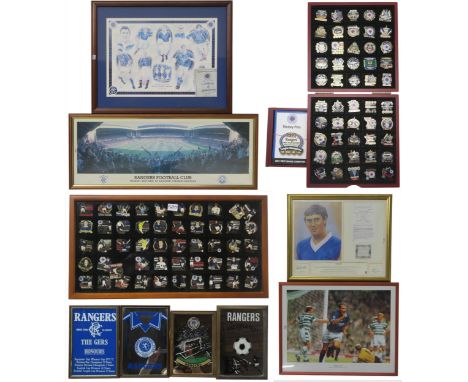 Glasgow Rangers F.C. The Rangers Victory Pin Collection, housed in a wooden display case, with further pins displayed in glaz
