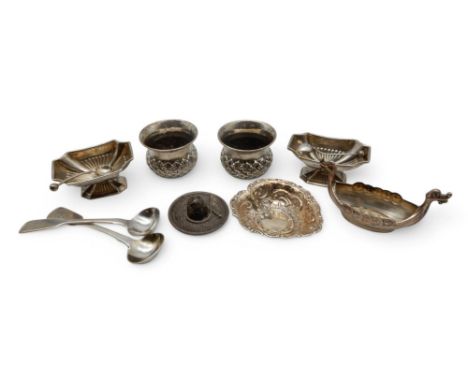 A Norwegian silver salt in the form of a Viking ship, a pair of silver salts, by&nbsp;John Millward Banks, Chester 1902, in t
