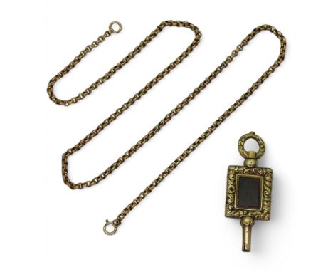A yellow metal 40cm vintage belcher chain together with a yellow metal Victorian watch key with all over flower pattern and s