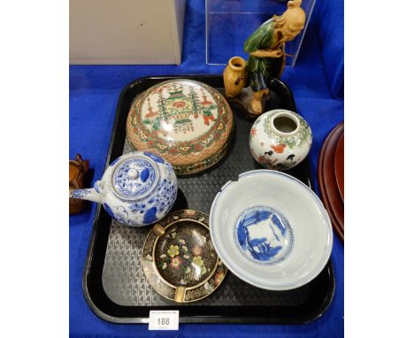 A porcelain cloisonne bowl, a blue and white tea pot, a large pot lid, a figure, a small ginger jar and a cloisonne dish Cond