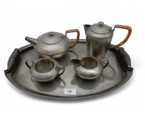 A Liberty and Co Tudric pewter tray, together with a Tudric Pewter Ware four piece tea set, no 1537 Condition Report:Availabl