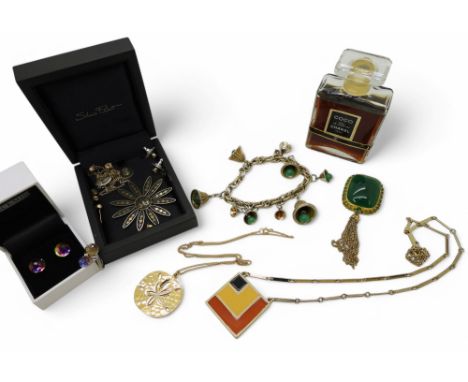 A collection of vintage costume jewellery to include two items by Sarah Coventry, Amita Damascene and a small bottle of COCO 
