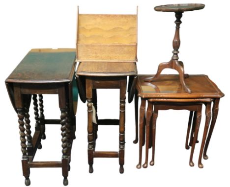 A lot comprising two assorted drop leaf occasional tables, nest of three tables (def), tripod based wine table and a letter r
