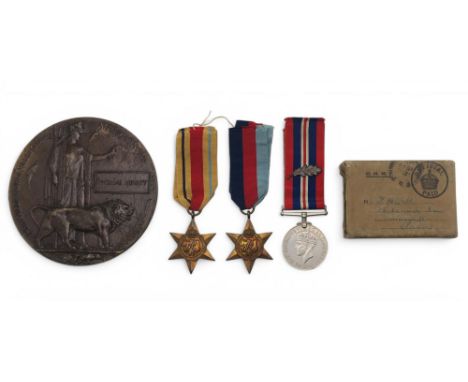 A Memorial Plaque, or Dead Man's Penny, for Thomas Hewitt; together with a WW2 medal group of three, in issue packet addresse