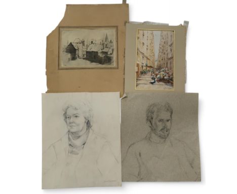 A COLLECTION OF UNFRAMED WORKS &nbsp;To include a watercolour, drawings and an etching (4) Condition Report:Available upon re