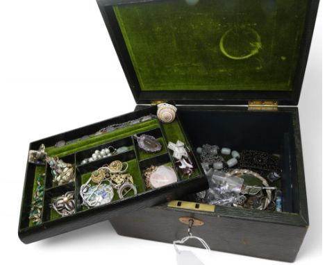 A vintage jewellery box, full of silver and costume jewellery to include an amethyst geode pendant, a Deco clip, a bracelet m
