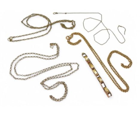 A vintage 9ct 50cm gold belcher chain, a 64cm belcher chain, a 45cm rope chain, an (af) yellow metal curb chain and a partial
