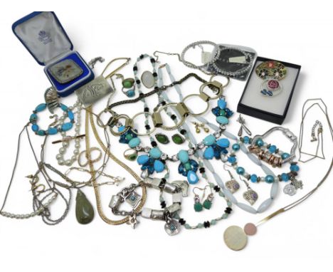 A collection of vintage costume jewellery, to include a gold plated silver bracelet, a turquoise bracelet, Swarovski set item