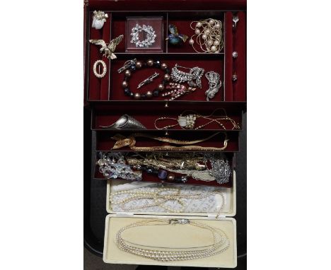 A large jewellery box full of vintage costume and silver to include two Mackintosh silver brooches and a ring, a cloisonné bi