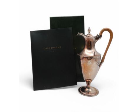An Old Sheffield plate ewer, of baluster form, with beaded rims, a fruitwood handle and a pineapple finial, with Goodwins box