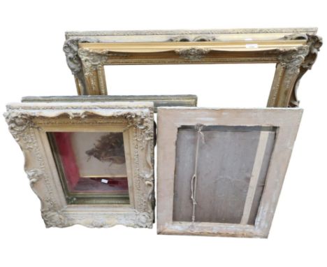 A lot comprising three assorted gilt gesso picture frames, three assorted gilt framed pictures and a early 20th century cross