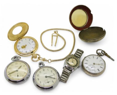 A silver pocket watch hallmarked Chester 1882, two Smiths chromed pocket watches, a Kelton wrist watch and a modern gold plat