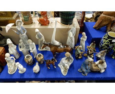 A collection of Lladro and Nao figures, a Beswick mare and foal, a pair of small satsuma vases, assorted Chinese pottery figu