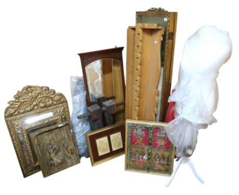 A large mixed lot to include gilt cushion framed wall mirror, moulded wall decorations, barometer, wooden clamp, pine wall sh