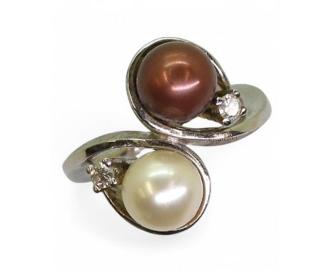 A white metal pearl and diamond ring, with indistinct continental hallmarks, size K, weight 7.2gms Condition Report:Available
