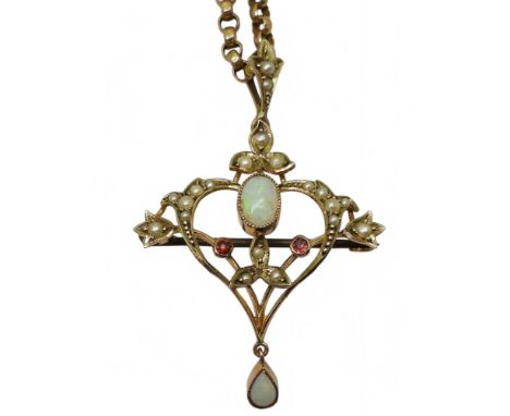 A 9ct gold Edwardian pendant set with opals pearls and pink gems on a vintage 45cm belcher chain, weight all together 9.2gms 