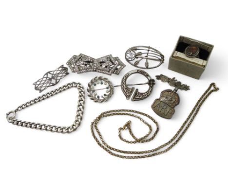 A silver curb link bracelet hallmarked to every link, a silver ARP badge, a Mackintosh brooch, a vintage bird&nbsp; and flowe