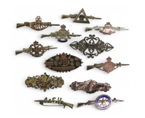 A collection of silver rifle-form sweetheart brooches, to include the Oxford shire and Buckinghamshire Light Infantry, Royal 