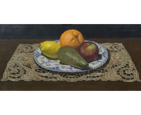 LEN GRAY (CONTEMPORARY SCHOOL) &nbsp;MIXED FRUIT ON A PATTERNED PLATE &nbsp;Mixed media, signed lower right, dated (19)93, 25