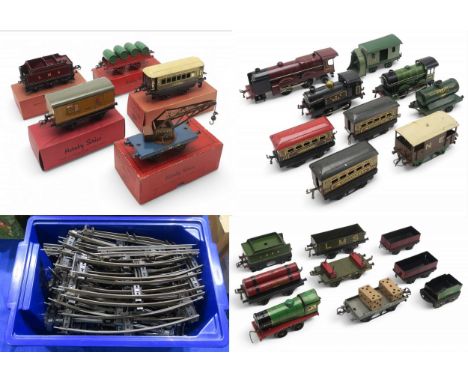 A Horny 0-gauge clockwork Royal Scot locomotive, a further 0-4-0 clockwork locomotive, No. 2 Special Tender, Crane Truck, wit