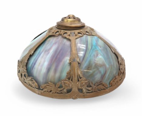 An early 20th century stained glass ceiling light, with foliate ormolu mount, 41cm diameter Condition Report:At least one pan