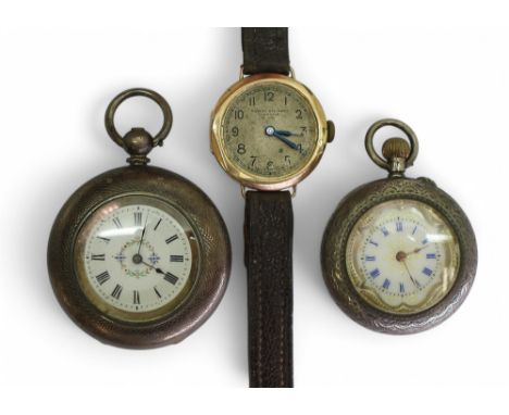 A 9ct gold cased vintage ladies watch hallmarked London 1933, together with two continental white metal fob watches with deco