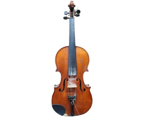 A cased two piece back violin with label to the interior marked 'GPS 703'. Back measuring 36cm, and two violin bows Condition