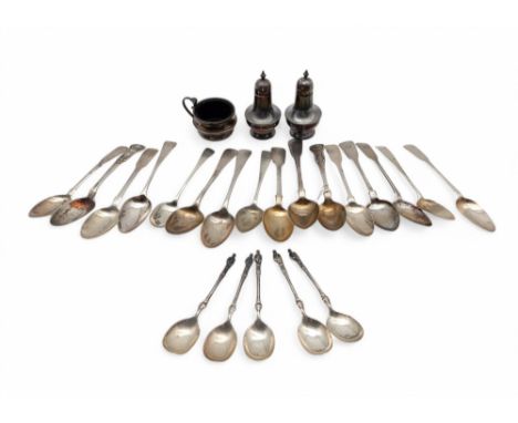 A pair of silver casters, by Atkins Brothers, Sheffield 1928, a silver mustard pot (af), silver spoons including a set of fiv