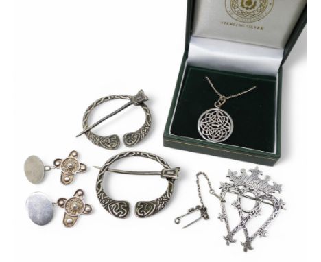 A Hamish Dawson Bowman Luckenbooth brooch, two Robert Allison pen-annular brooches, a pair of Shetland Silver cufflinks and a