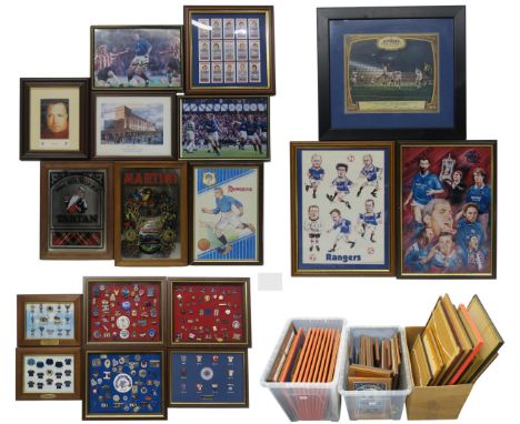 Glasgow Rangers F.C. A quantity of framed memorabilia, to include eneamel pin badge displays, photographs of great players, a