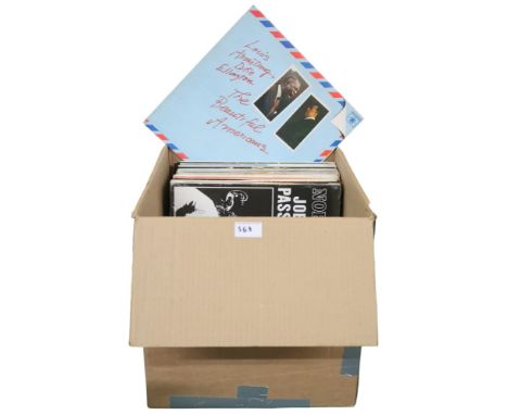 VINYL RECORDS a box of Jazz vinyl LP records to include Louis Armstrong, Django Reinhardt, Count Bassie, Duke Ellington, Joe 