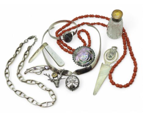 A silver torc necklace, a silver agate bangle, a heavy silver chain, coral beads a Mexican silver brooch and other items Cond