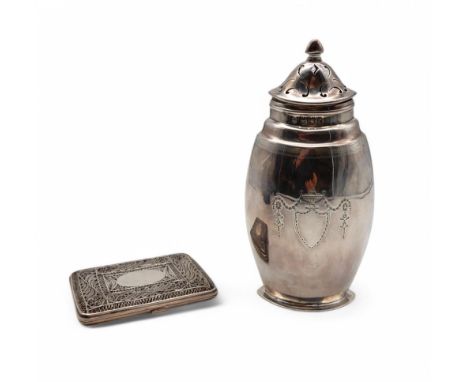An Edwardian silver caster, by&nbsp;Edward Barnard &amp; Sons Ltd, London 1912, of flattened oval form, engraved with an escu
