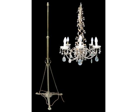 A lot comprising a late 19th century brass standard lamp and an early 20th century gilt metal foliate patterned chandelier wi
