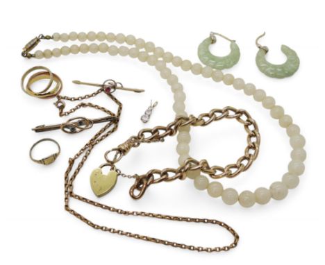 A collection of gold plated items to include a vintage curb chain bracelet, two gem set brooches, a string of white hardstone