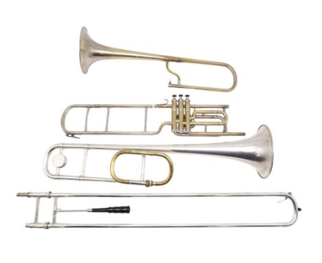 A Union Artistique trombone, no.2150, possibly Swiss, in silver plate, with a soft carry bag. Also a&nbsp;Boosey &amp; Hawkes