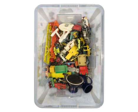 A large collection of play-worn model vehicles, including a Japanese tinplate T.N. police patrol motorcyclist, Dinky S.H.A.D.