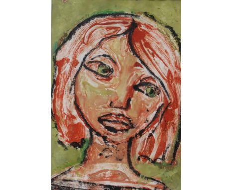 PETER MANN (CONTEMPORARY SCHOOL) &nbsp;GIRL PORTRIT IN GREEN AND RED &nbsp;Mixed media, 34 x 24cm Condition Report:Available 