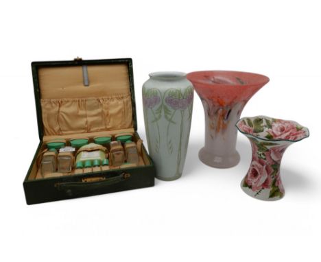 A small Wemyss cabbage rose painted wavy edge vase, a Scottish glass vase of trumpet form, a Rosenthal porcelain vase painted