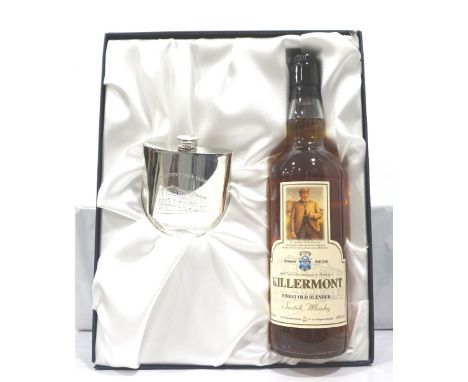 KILLERMONT FINEST OLD BLENDED SETA boxed set containing an engraved hipflask and a bottle of Killermont Finest Old Blended Sc