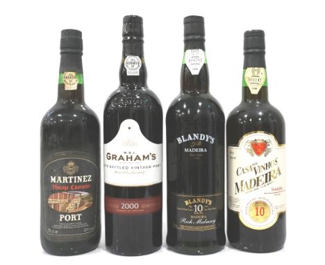 FOUR BOTTLES OF PORT AND MADEIRAA selection of bottles of fortified wines.  Comprising: Blandy's Rich Malmsey 10 Year Old Mad