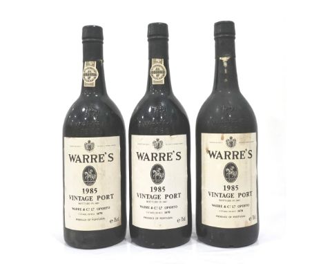 THREE BOTTLES OF WARRE'S 1985 VINTAGE PORTThree bottles of Warre's 1985 Vintage Port bottled in 1987.  75cl.  No strength sta
