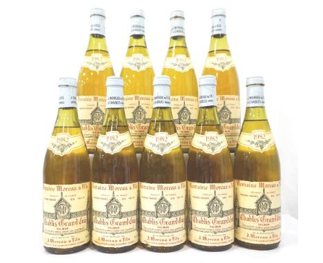 NINE BOTTLES CHABLIS GRAND CRU 1982 VINTAGENine bottles of 1982 Vintage Chablis Grand Cru by J. Moreau & Fils.  70cl.  12.5% 
